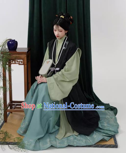 China Ancient Young Mistress Costumes Traditional Hanfu Ming Dynasty Black Long Vest Green Gown and Blue Ma Mian Qun Skirt Complete Set