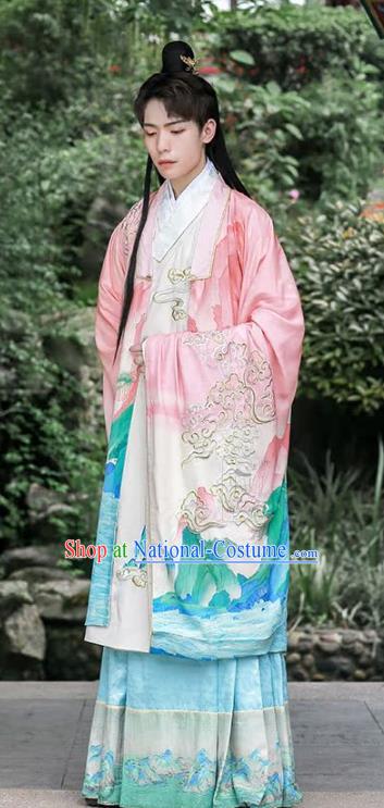 China Ancient Ming Dynasty Noble Childe Costumes Traditional Male Hanfu Embroidered Long Cape Gown and Skirt Complete Set