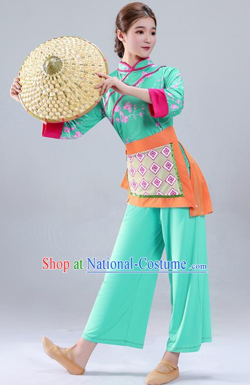 Light Green Tea Picking Female Dance Costumes Bamboo Hats Yangko Costumes Adult Village Girl Costumes Ethnic Style Costumes