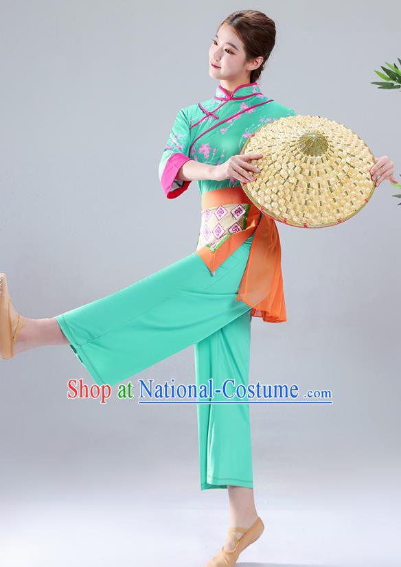 Light Green Tea Picking Female Dance Costumes Bamboo Hats Yangko Costumes Adult Village Girl Costumes Ethnic Style Costumes