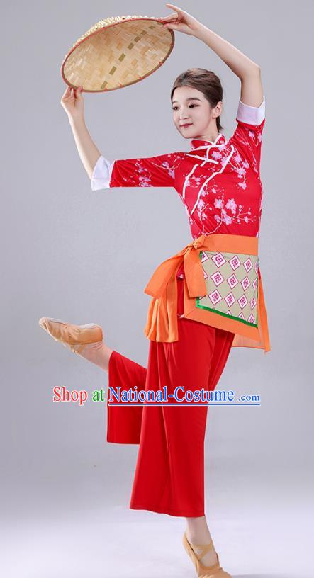 Red Tea Picking Female Dance Costumes Bamboo Hats Yangko Costumes Adult Village Girl Costumes Ethnic Style Costumes