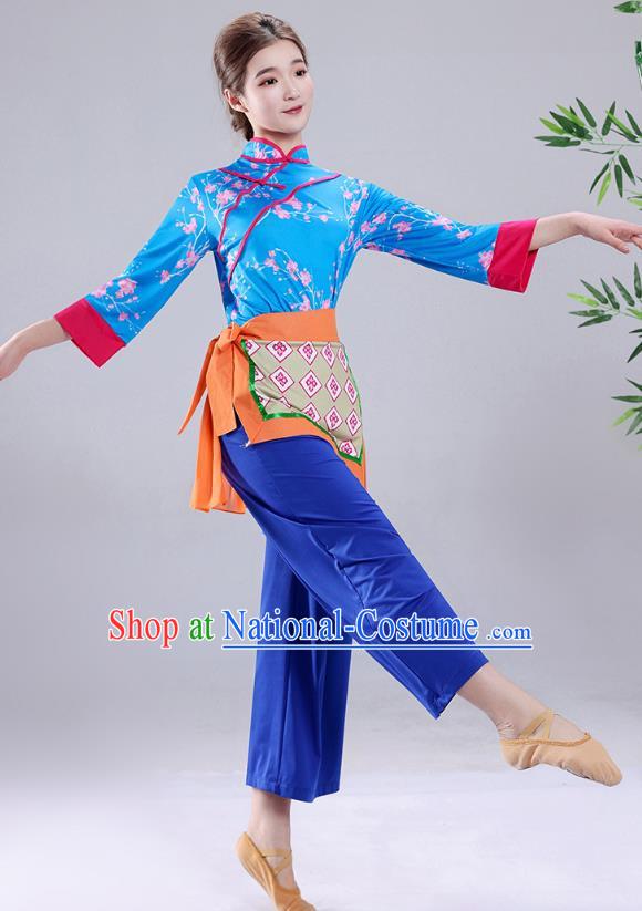 Blue Tea Picking Female Dance Costumes Bamboo Hats Yangko Costumes Adult Village Girl Costumes Ethnic Style Costumes