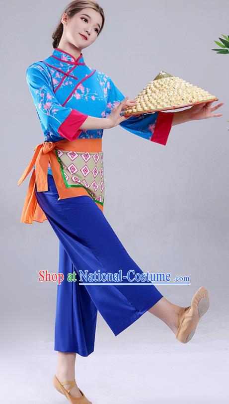 Blue Tea Picking Female Dance Costumes Bamboo Hats Yangko Costumes Adult Village Girl Costumes Ethnic Style Costumes