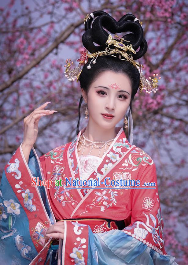 China Southern and Northern Dynasties Court Woman Costumes Traditional Hanfu Jiao Yu Dress Ancient Luo River Goddess Clothing