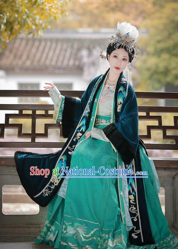 Traditional Winter Hanfu Green Velvet Dress China Ancient Empress Clothing Song Dynasty The Journey of a Legendary Landscape Painting Costume