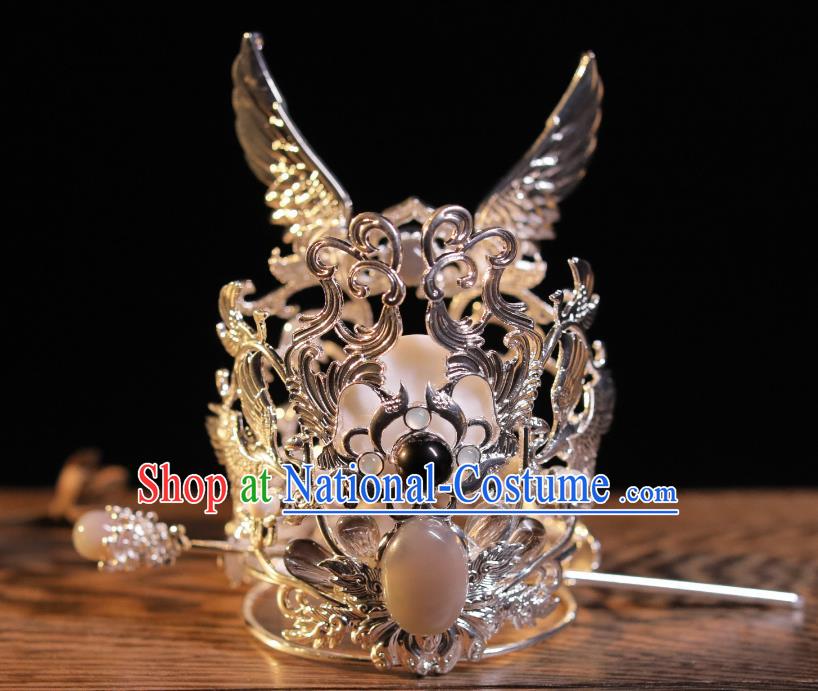 Handmade Silvery Crown and Hairpin Chinese Ancient Prince Hair Jewelries Top Hanfu Male Headgear