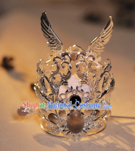 Handmade Silvery Crown and Hairpin Chinese Ancient Prince Hair Jewelries Top Hanfu Male Headgear