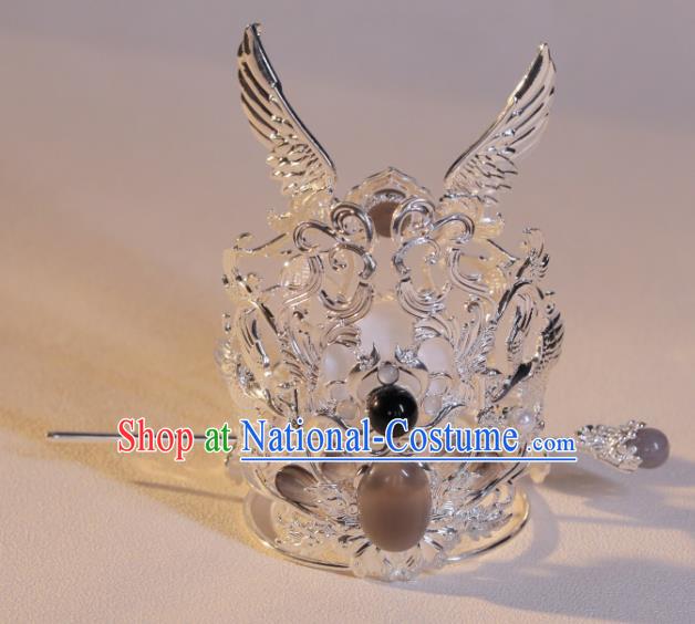 Handmade Silvery Crown and Hairpin Chinese Ancient Prince Hair Jewelries Top Hanfu Male Headgear