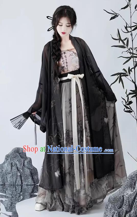 China Large Size Black Cape and Qiyao Ruqun Song Dynasty Hanfu Clothing Ancient Young Lady Costumes