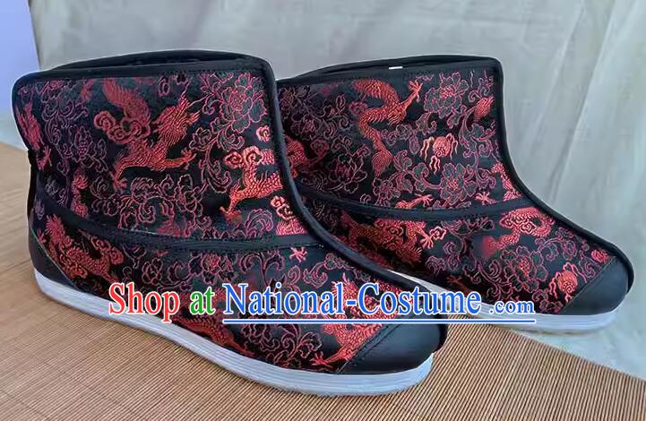 Chinese Old Peking Strong Cloth Soles Shoes Traditional Winter Thermal Boots Handmade Black Brocade Kung Fu Boots