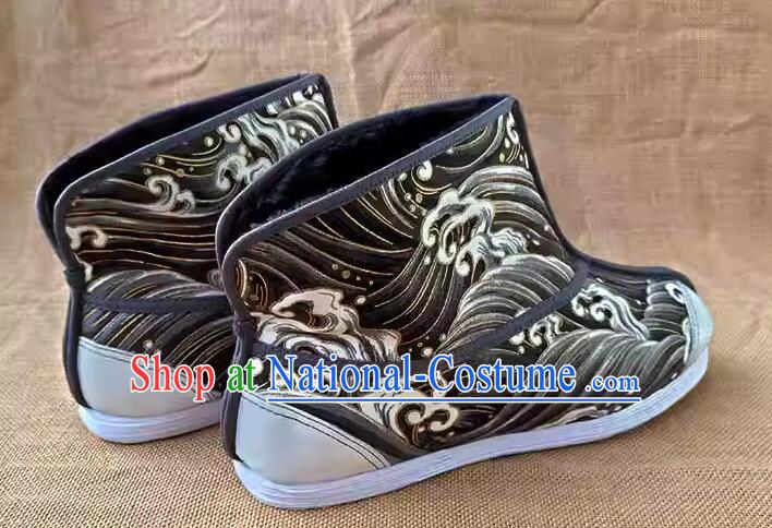 Chinese Handmade Brocade Kung Fu Boots Old Peking Strong Cloth Soles Shoes Traditional Winter Thermal Boots