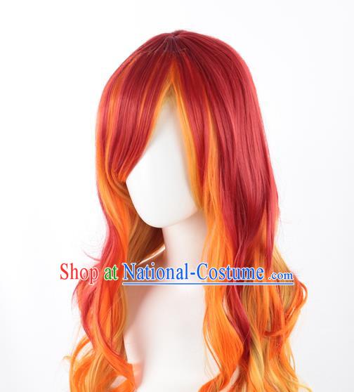 Long Curly Hair Mixed With Red Gradient Khaki Long Hair European And American Cosplay Nightclub Full Head Wig