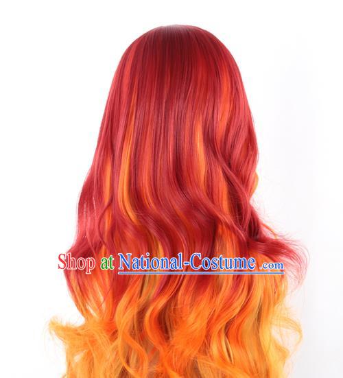 Long Curly Hair Mixed With Red Gradient Khaki Long Hair European And American Cosplay Nightclub Full Head Wig