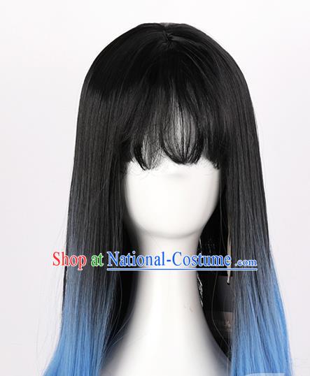 Black Gradient Sapphire Blue Dyed Mid Length Inner Button Curly Hair Ladies Daily Air Bangs Full Wig