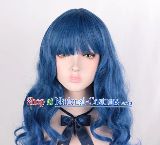 Mixed Blue Air Bangs Long Curly Hair European And American Medium Length Cosplay Party Big Wave Wig