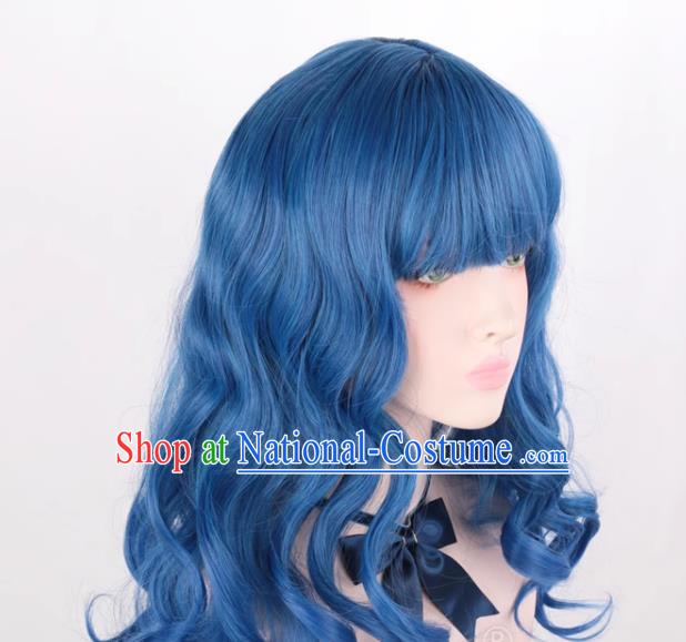 Mixed Blue Air Bangs Long Curly Hair European And American Medium Length Cosplay Party Big Wave Wig