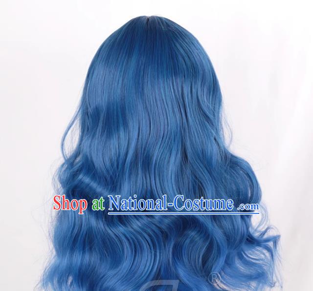 Mixed Blue Air Bangs Long Curly Hair European And American Medium Length Cosplay Party Big Wave Wig