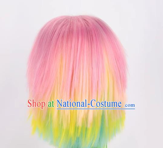 Rainbow Mixed Short Straight Hair Fluffy Women s Cosplay Short Hair Yellow Green White Gradient Wig