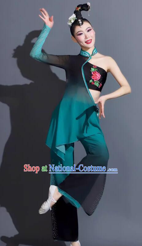 China Woman Solo Stage Performance Clothing Taoli Cup Dance Competition Dark Green Outfit Fan Dance Costume