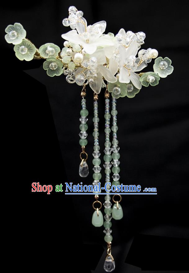 China Hanfu Hair Jewelry Ancient Fairy Green Tassel Hairpin Handmade Song Dynasty Princess Flower Hair Stick