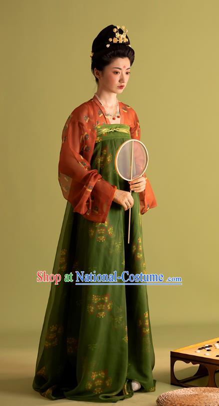 China Ancient Palace Woman Clothing Tang Dynasty Court Princess Costumes Traditional Hanfu Red Blouse and Green Bustier Dress