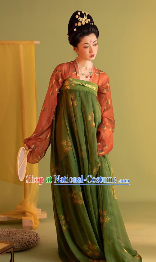 China Ancient Palace Woman Clothing Tang Dynasty Court Princess Costumes Traditional Hanfu Red Blouse and Green Bustier Dress