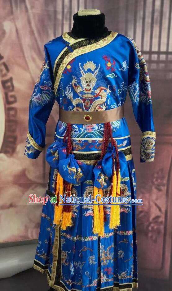 Top Handmade Qing Dynasty Emperor Royal Blue Robe Chinese Ancient Imperial Emperor Monarch Costumes