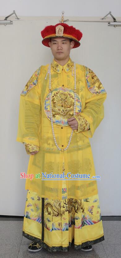 Chinese Ancient Imperial Emperor Monarch Costumes Top Embroidered Qing Dynasty Emperor Gold Robes