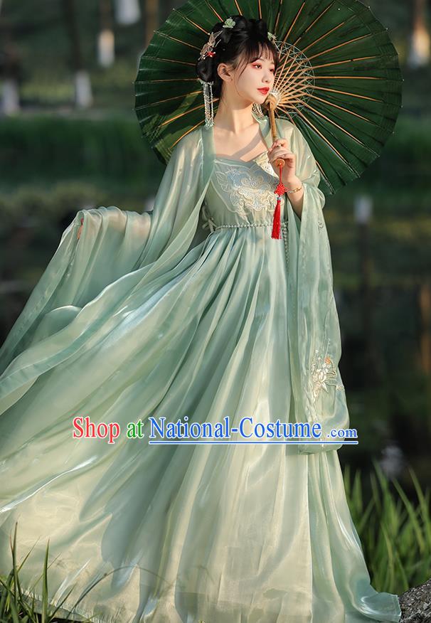 Chinese Tang Dynasty Princess Clothing Ancient Young Woman Costume Traditional Light Green Hezi Dress and Cape Complete Set