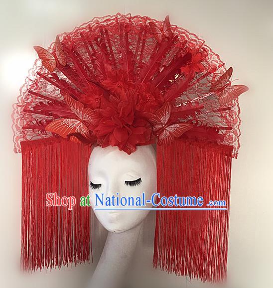 Chinese Stage Performance Deluxe Crown Handmade Red Lace Headdress Butterfly Tassel Headwear