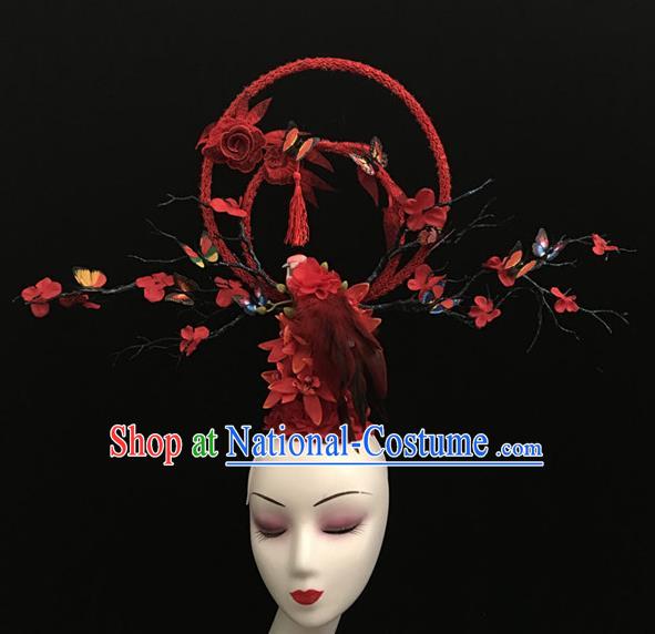 Chinese Handmade Feather Headdress Top Red Bird Headwear Stage Performance Plum Blossom Crown