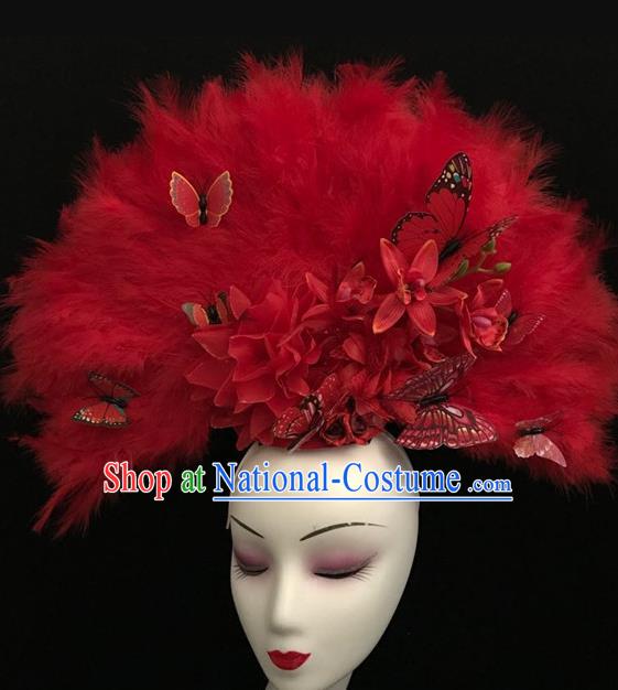 Chinese Cheongsam Catwalk Headwear Stage Performance Crown Handmade Red Feather Headdress