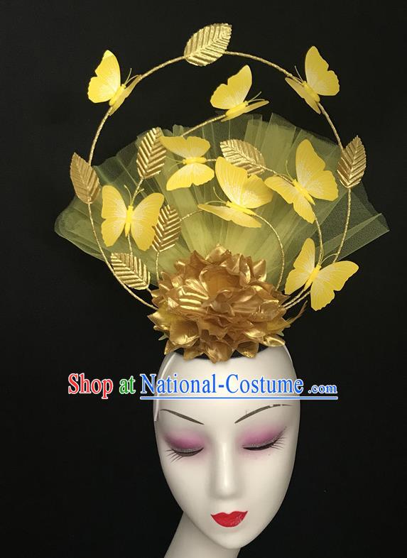 Handmade Cheongsam Catwalk Headwear Stage Performance Golden Peony Crown Butterfly Headdress