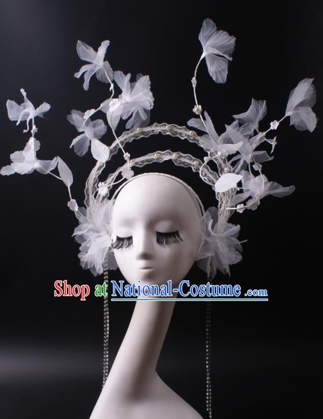 Handmade White Silk Flowers Headdress Cheongsam Catwalk Headwear Stage Performance Tassel Crown