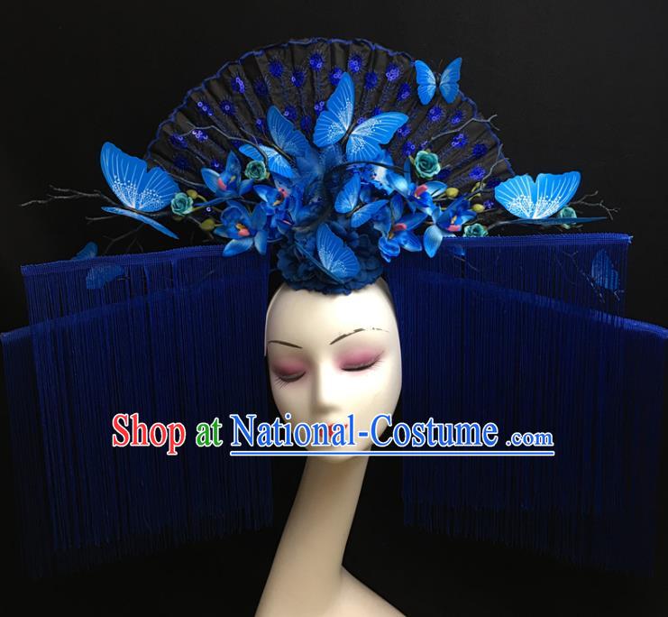 Chinese Model Contest Deluxe Tassel Crown Catwalks Blue Butterfly Headpiece Handmade Stage Show Headdress