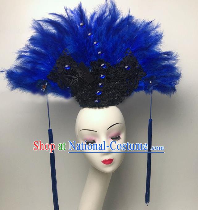 Chinese Handmade Stage Show Headdress Model Contest Deluxe Crown Catwalks Blue Feather Headpiece