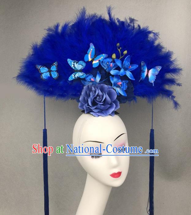 Chinese Catwalks Blue Feather Headpiece Handmade Stage Show Headdress Model Contest Deluxe Crown