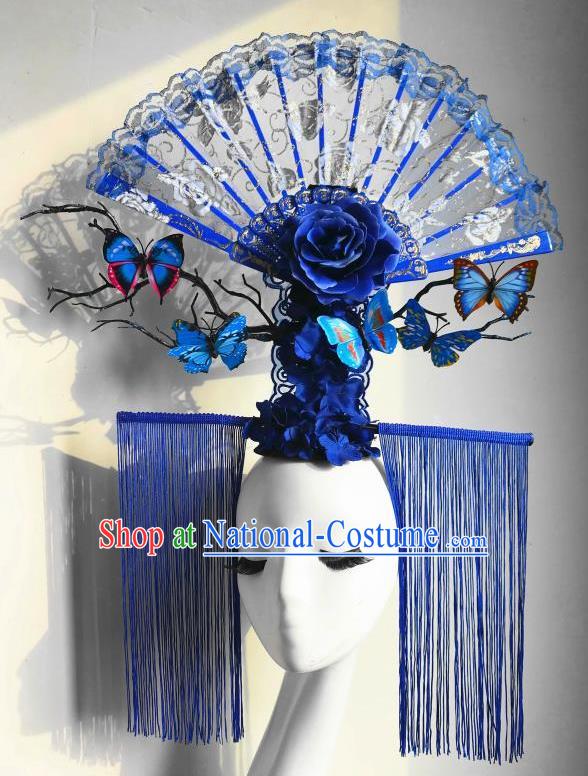 Chinese Catwalks Deluxe Tassel Headpiece Handmade Stage Show Headdress Model Contest Blue Lace Fan Crown