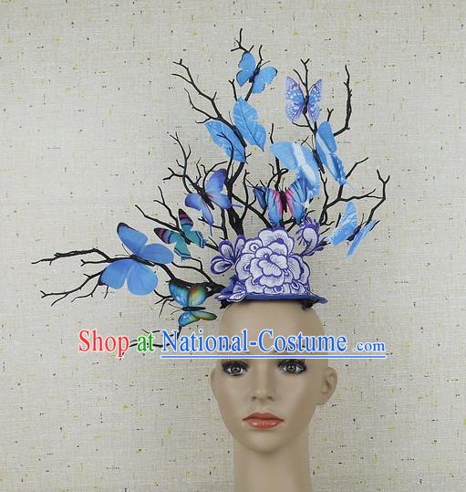 Chinese Catwalks Blue Butterfly Branch Headpiece Handmade Stage Show Headdress Model Contest Crown