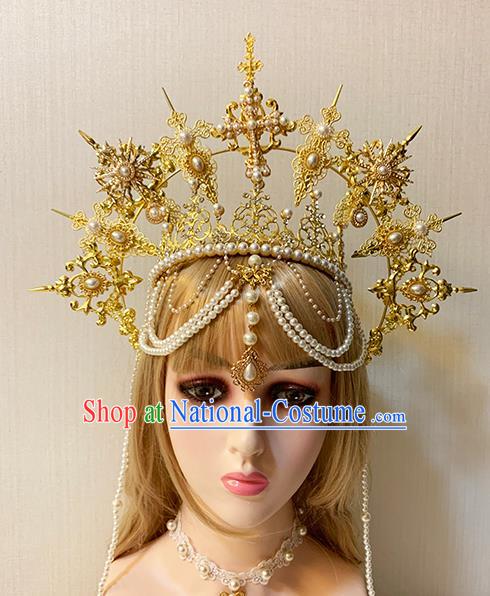 Handmade Goddess Hair Jewelry Stage Show Headpieces Top Catwalks Queen Golden Crown