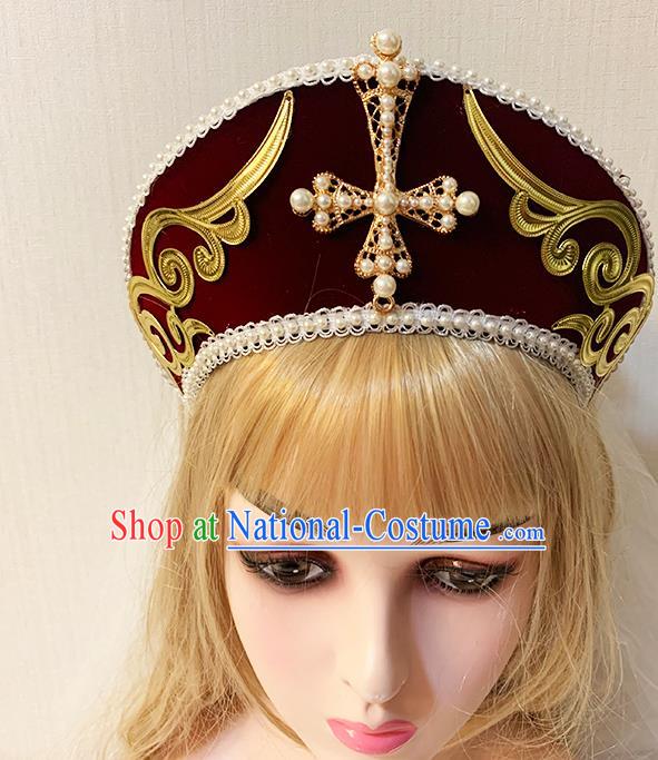 Handmade Catwalks Retro Velvet Royal Crown Pearls Hair Jewelry Top Stage Show Headwear