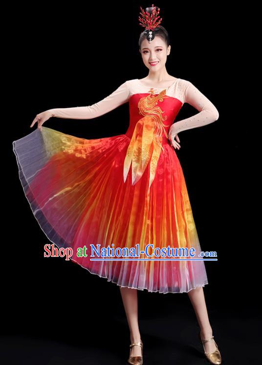 China Women Group Stage Show Red Short Dress Modern Dance Costume Embroidered Phoenix Fashion Opening Dance Clothing