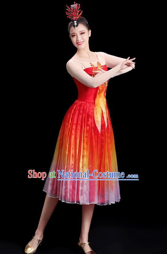 China Women Group Stage Show Red Short Dress Modern Dance Costume Embroidered Phoenix Fashion Opening Dance Clothing