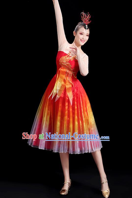 China Women Group Stage Show Red Short Dress Modern Dance Costume Embroidered Phoenix Fashion Opening Dance Clothing