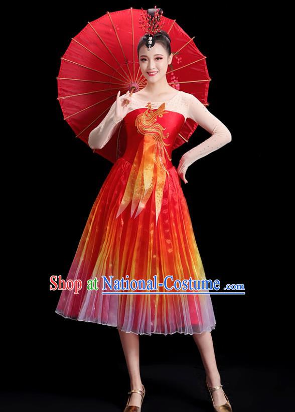 China Women Group Stage Show Red Short Dress Modern Dance Costume Embroidered Phoenix Fashion Opening Dance Clothing