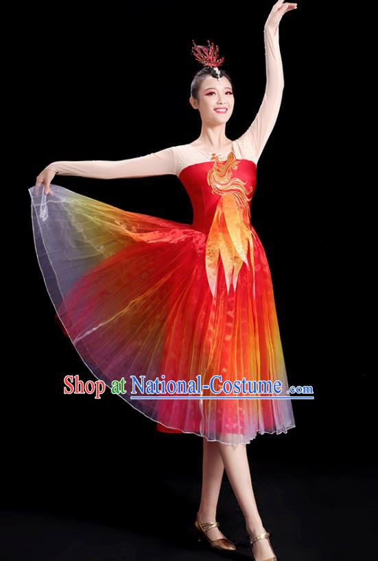 China Women Group Stage Show Red Short Dress Modern Dance Costume Embroidered Phoenix Fashion Opening Dance Clothing