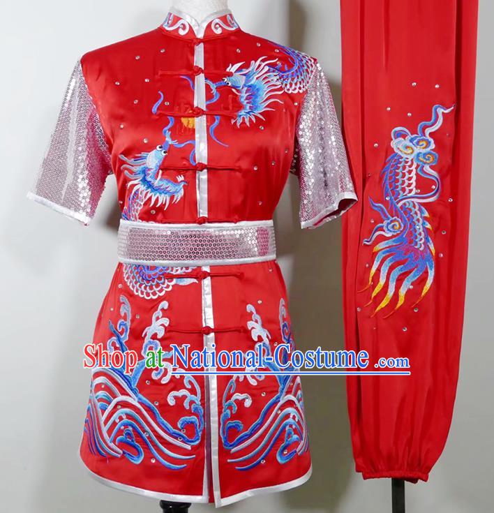 China Kung Fu Tournament Red Uniform Martial Arts Changquan Performance Costume Wushu Training Embroidered Clothing