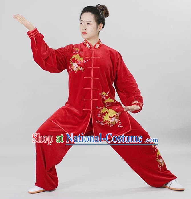 Chinese Martial Arts Clothing Winter Taiji Quan Training Uniform Wushu Competition Clothes Female Tai Chi Red Velvet Suit