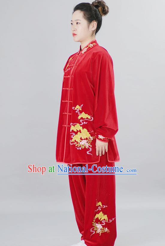 Chinese Martial Arts Clothing Winter Taiji Quan Training Uniform Wushu Competition Clothes Female Tai Chi Red Velvet Suit