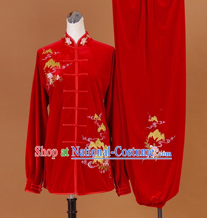 Chinese Martial Arts Clothing Winter Taiji Quan Training Uniform Wushu Competition Clothes Female Tai Chi Red Velvet Suit